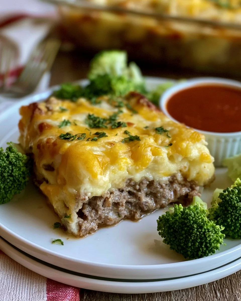 Baked Meatloaf Casserole topped with mashed potatoes and garnished with herbs