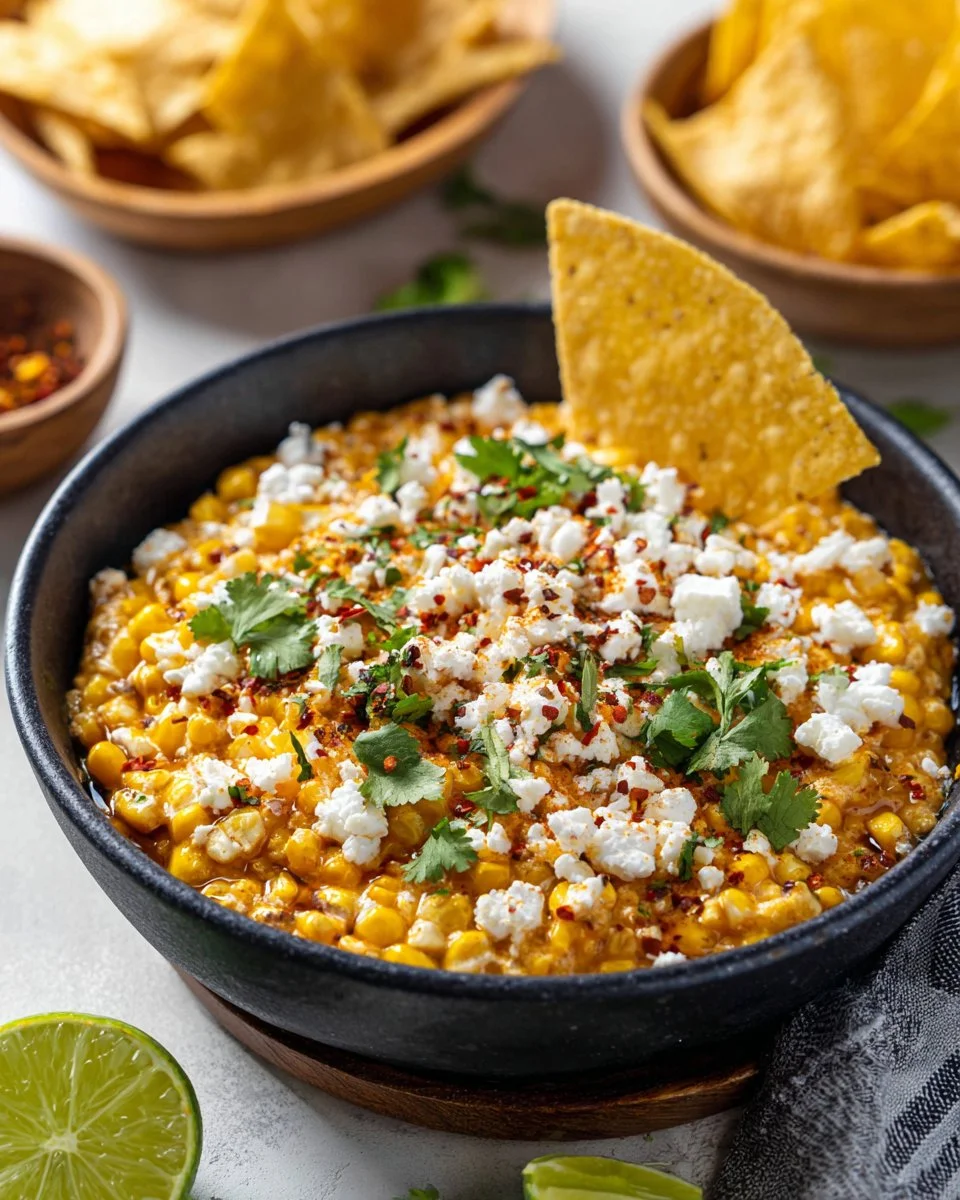 Bowl of Mexican street corn dip topped with cilantro and cheese