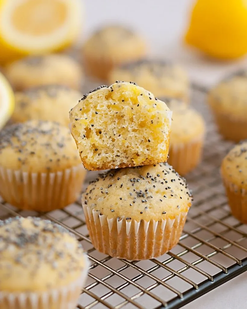 Freshly baked mini lemon poppy seed muffins on a wooden table