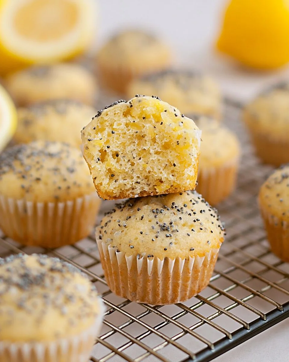 Freshly baked mini lemon poppy seed muffins on a wooden table