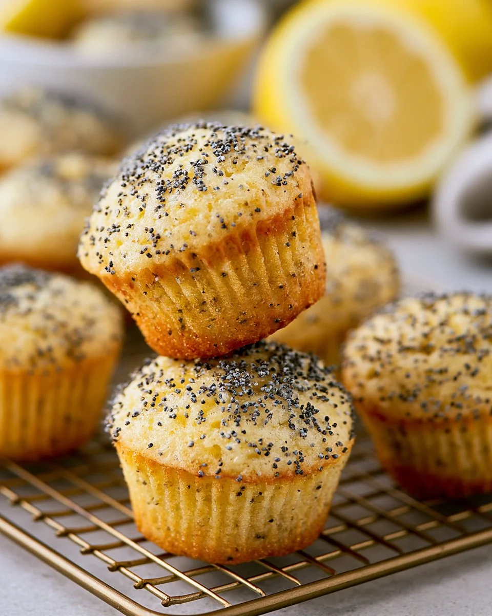 Freshly baked mini lemon poppy seed muffins on a cooling rack