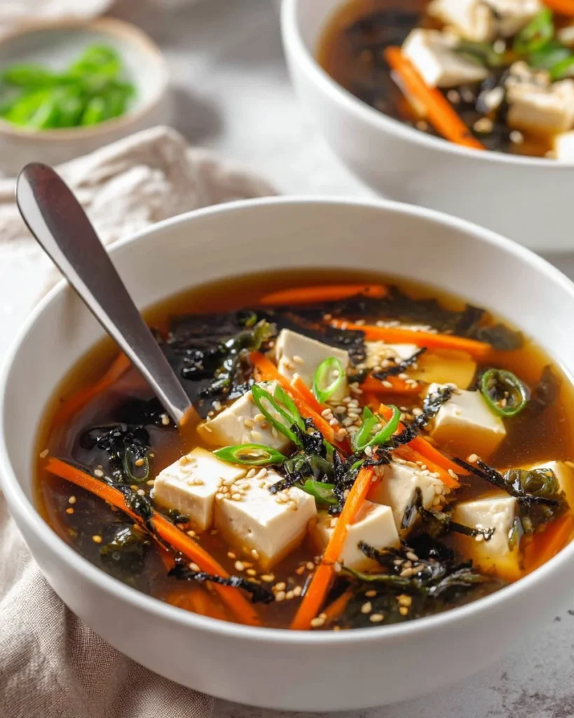 A bowl of miso tofu soup garnished with green onions and seaweed.