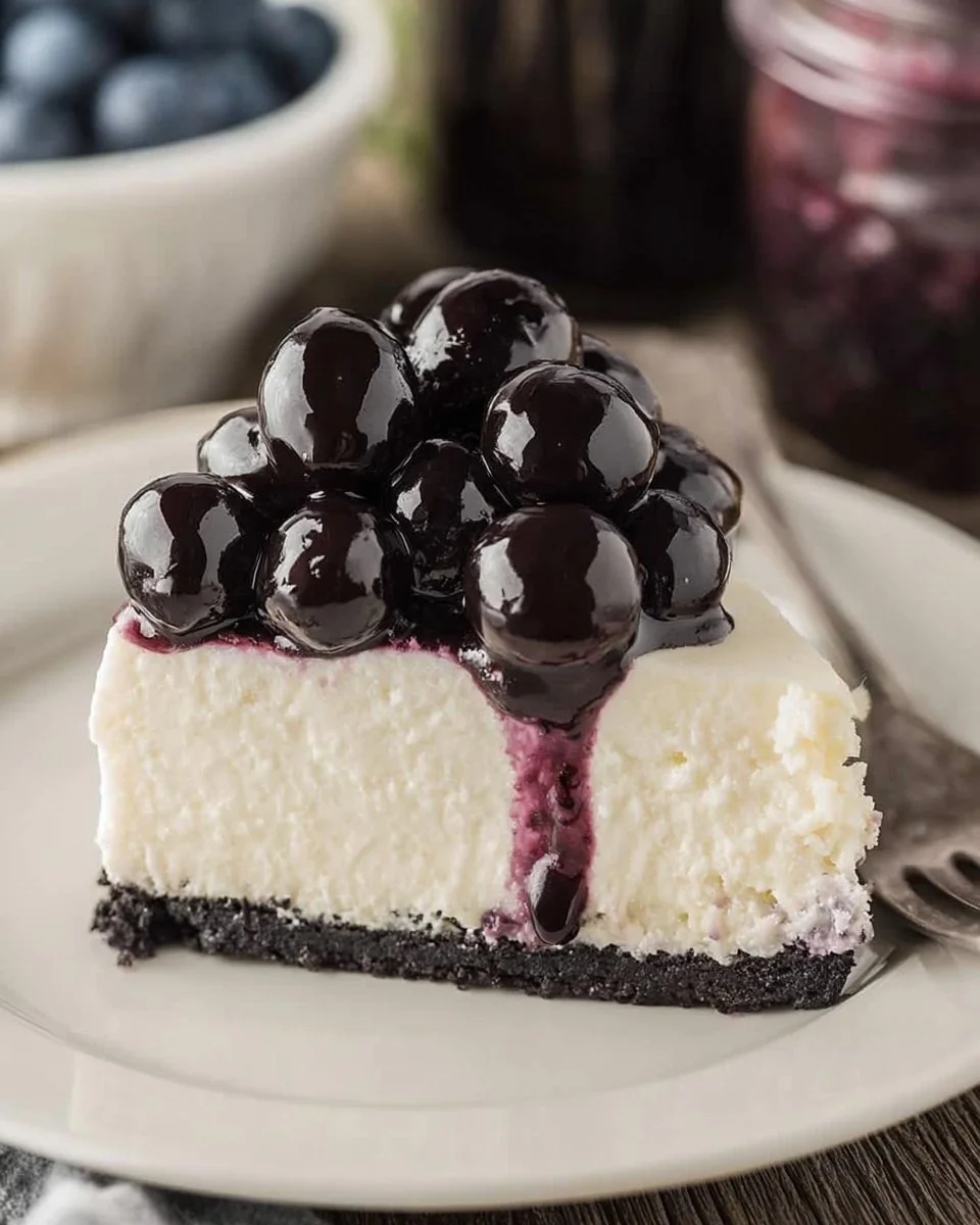 No Bake Blueberry Cheesecake with fresh blueberries on top