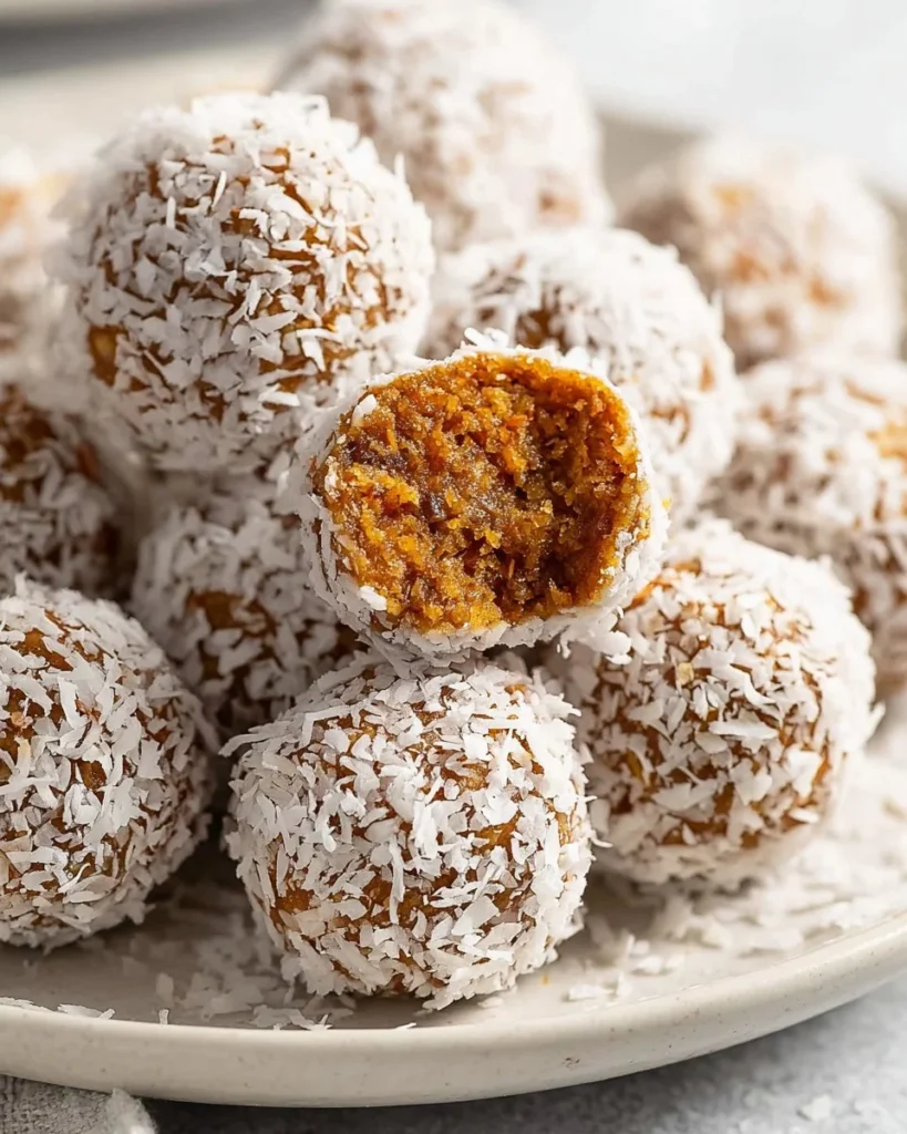 No Bake Carrot Cake Energy Bites on a plate garnished with walnuts and carrots.