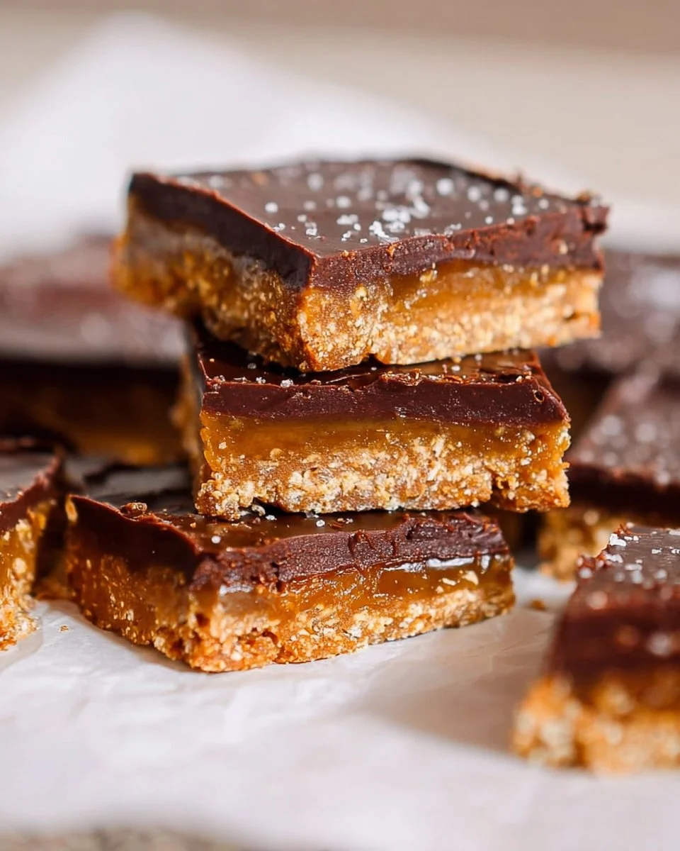 No Bake Millionaire Bars topped with caramel and chocolate.