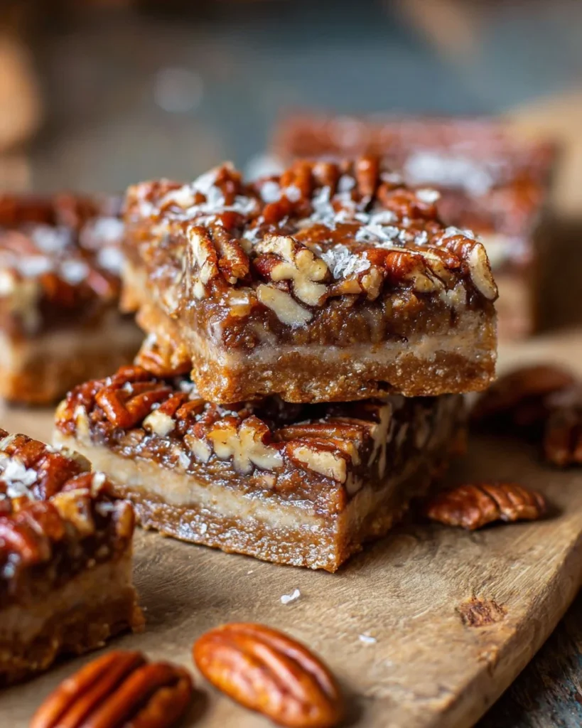 No bake pecan pie bars topped with roasted pecans on a wooden table.