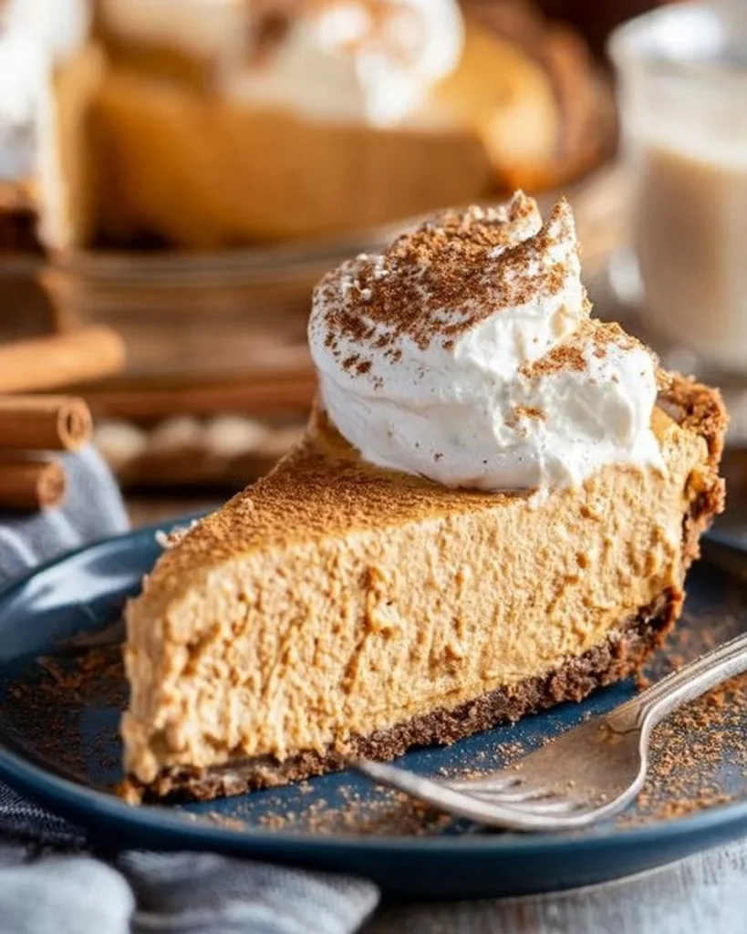 No Bake Pumpkin Pie served with whipped cream on a plate