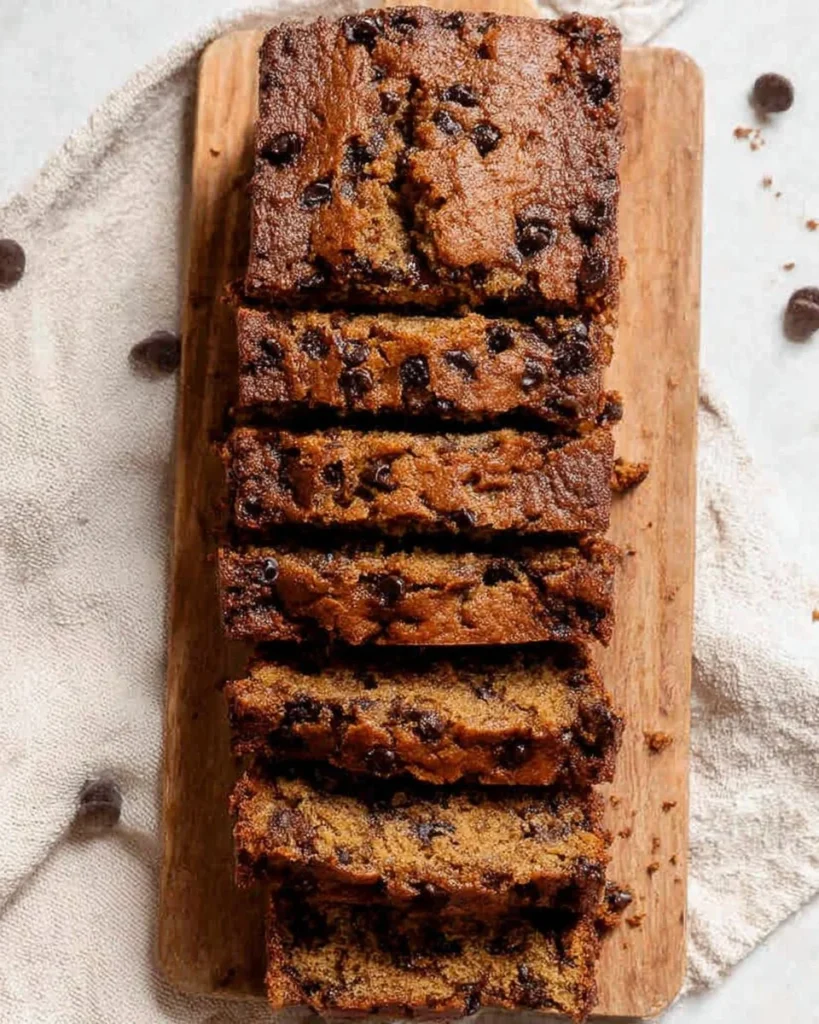 Loaf of oat flour banana bread with slices on a wooden cutting board.