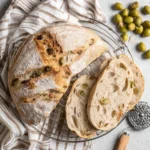 Homemade no-knead olive bread fresh out of the oven