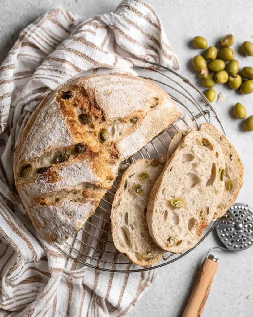 Homemade no-knead olive bread fresh out of the oven
