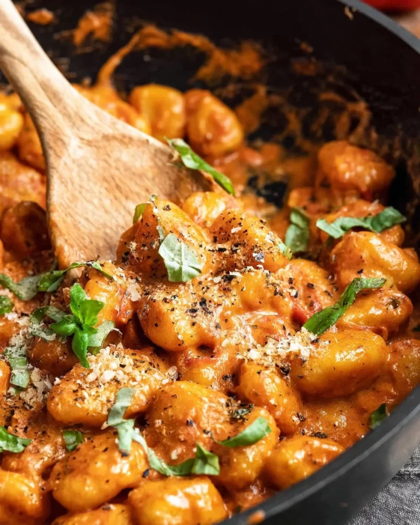 One pot cheesy tomato gnocchi served in a bowl with herbs on top.