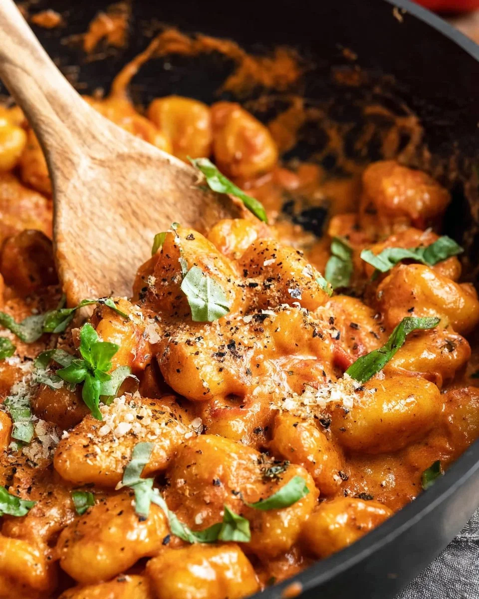 One pot cheesy tomato gnocchi served in a bowl with herbs on top.