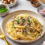 Delicious Pasta Carbonara served with creamy sauce and pancetta.