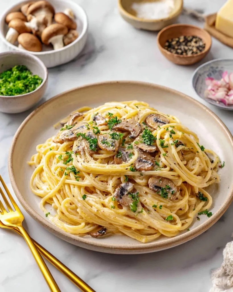 Delicious Pasta Carbonara served with creamy sauce and pancetta.