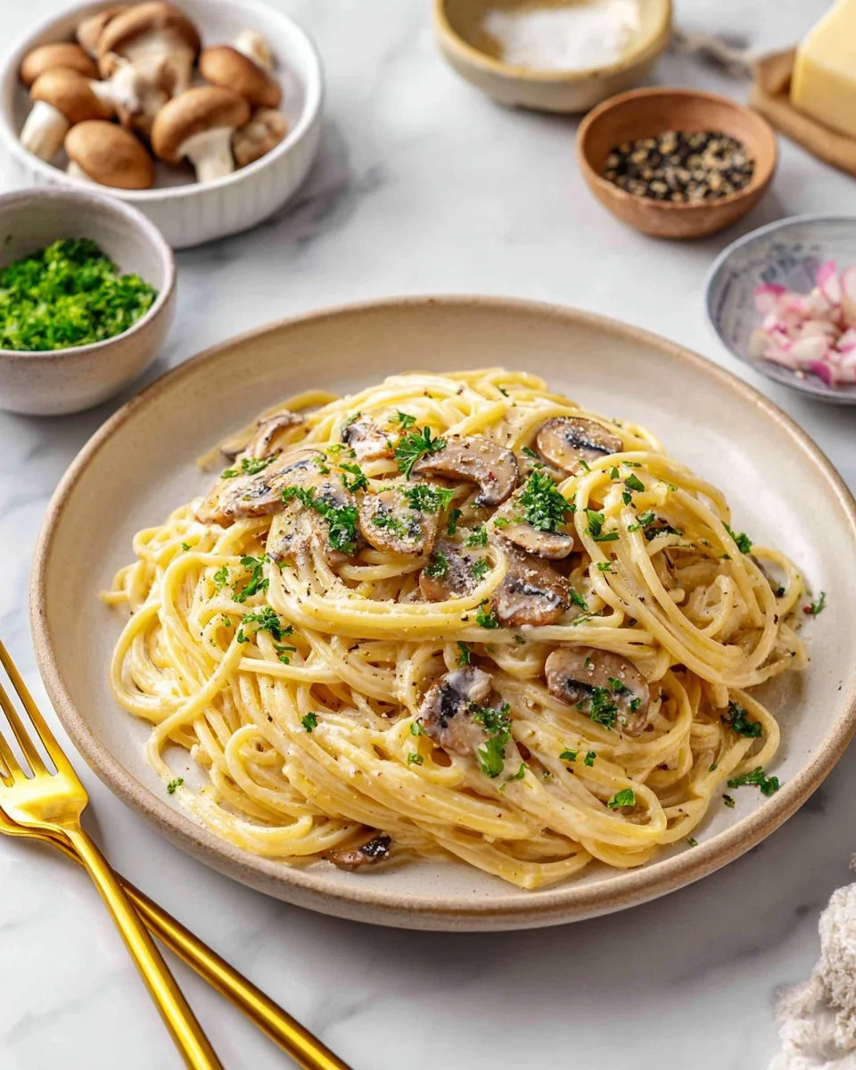 Delicious Pasta Carbonara served with creamy sauce and pancetta.