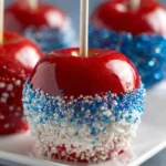 Patriotic red, white, and blue candied apples for 4th of July celebration.
