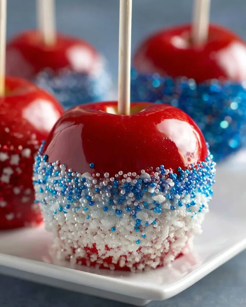 Patriotic red, white, and blue candied apples for 4th of July celebration.