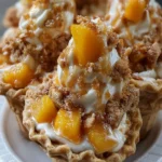 Peach Cobbler Cheesecake Cones beautifully presented on a wooden table