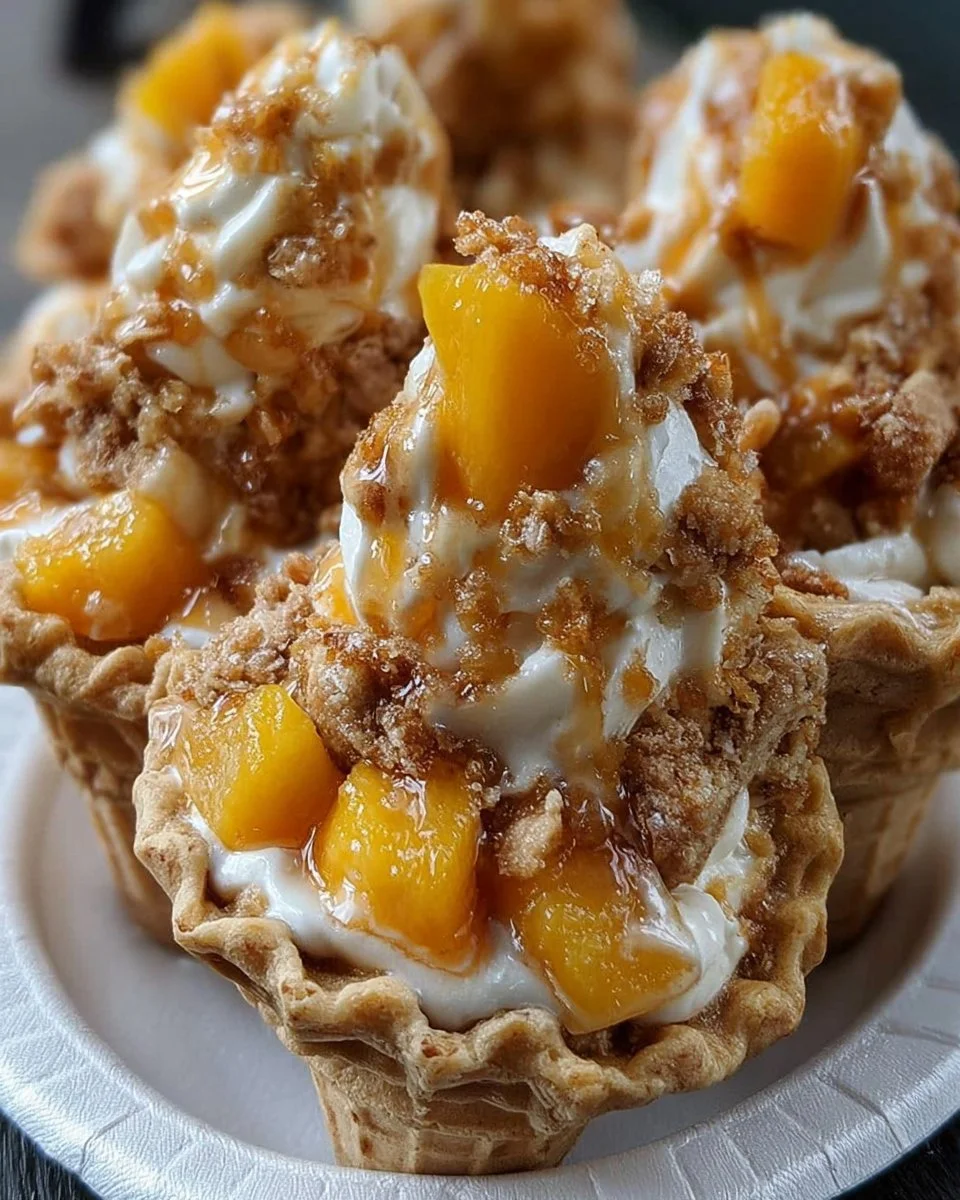 Peach Cobbler Cheesecake Cones beautifully presented on a wooden table