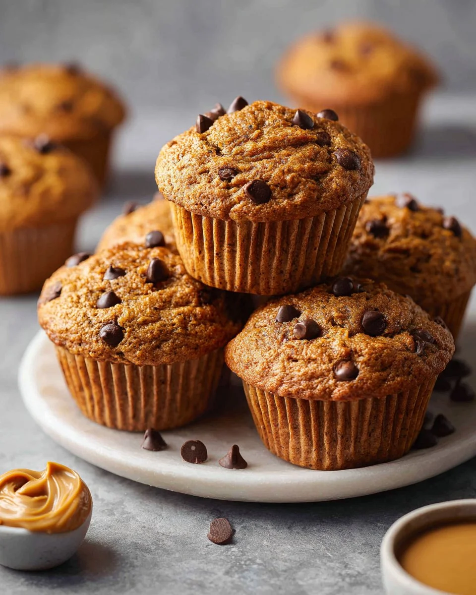 Freshly baked peanut butter banana muffins on a cooling rack.