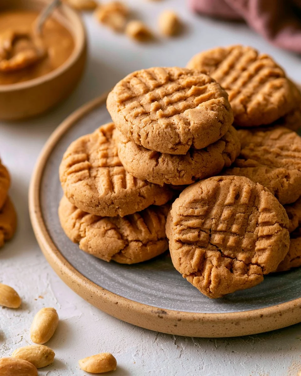 Plate of freshly baked peanut butter cookies with a glass of milk