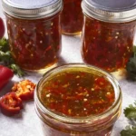 Jar of homemade pepper jelly with fresh peppers on a wooden table