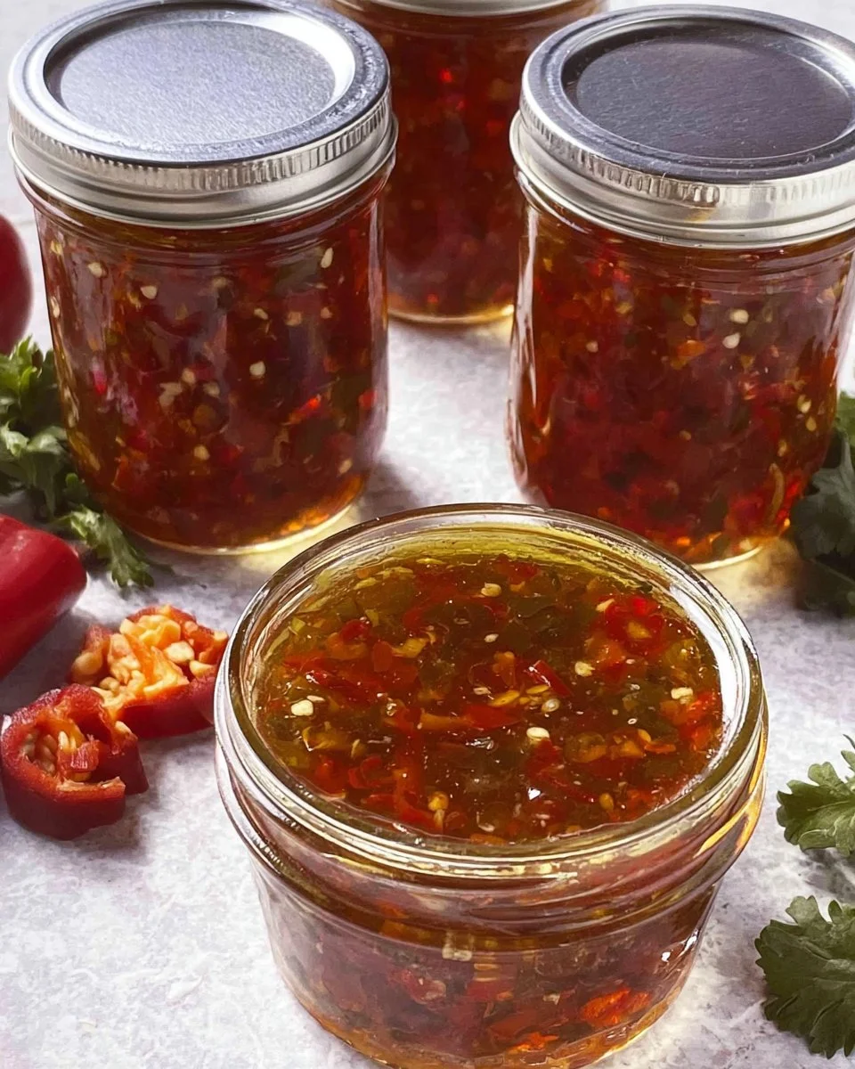 Jar of homemade pepper jelly with fresh peppers on a wooden table