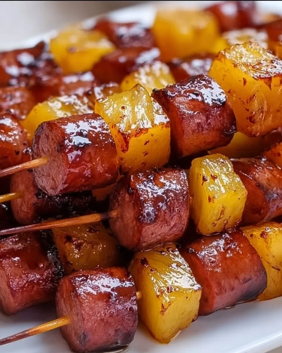 Pineapple Brown Sugar Smokies skewers on a platter for a tasty appetizer