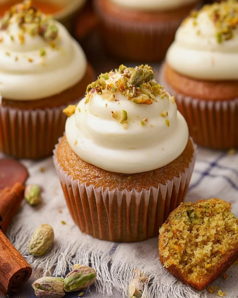 Delicious pistachio cupcakes with honey cream cheese frosting