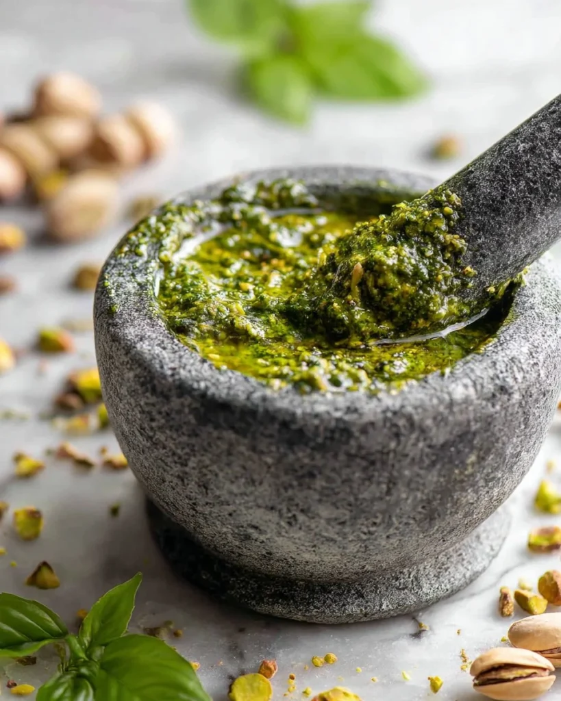 Bowl of Pistachio Pesto with fresh herbs and nuts on a wooden table