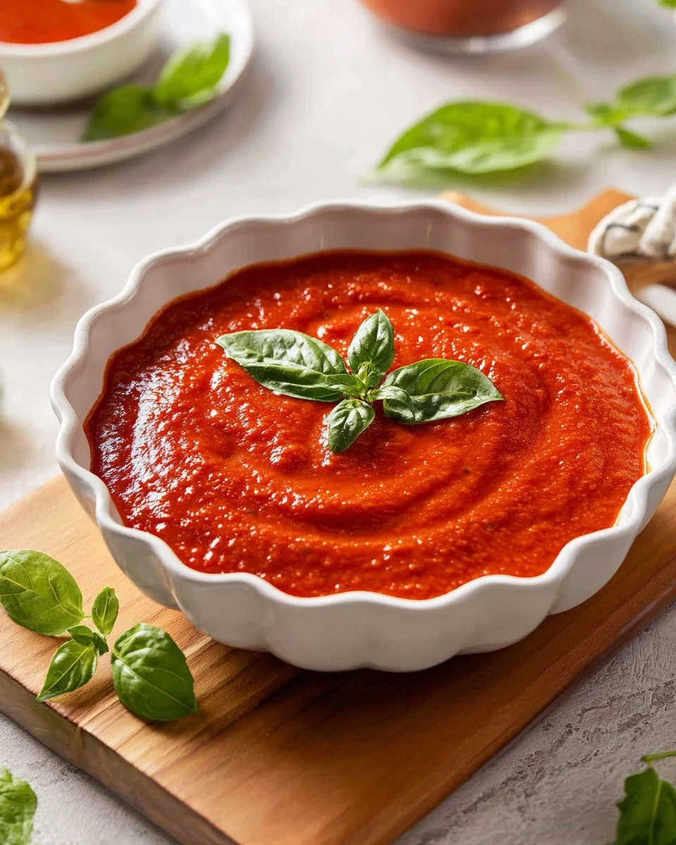 Homemade Pomodoro Sauce in a bowl with fresh ingredients like tomatoes and basil