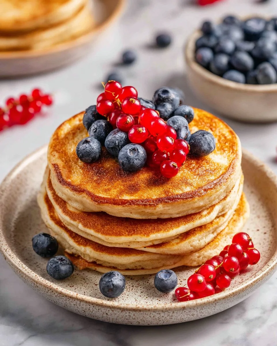 Delicious homemade protein pancakes topped with berries and syrup