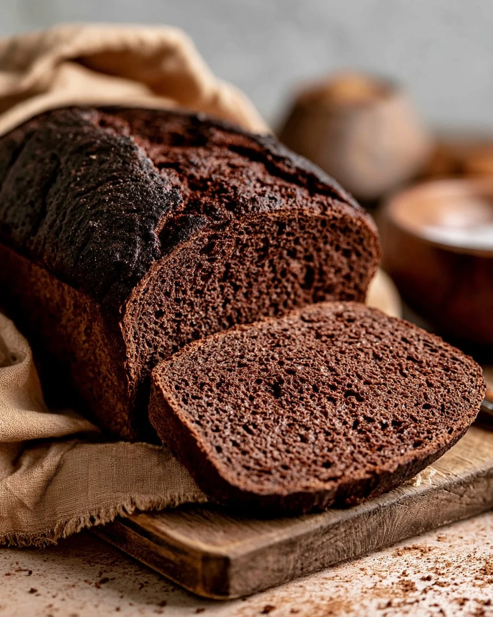 Loaf of freshly baked pumpernickel bread on a wooden table