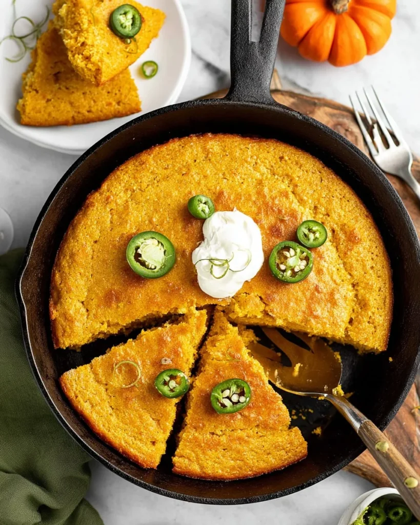 Moist and flavorful Pumpkin Cornbread served on a rustic wooden table.