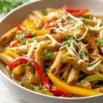 Plate of Rasta Pasta featuring colorful vegetables and spices