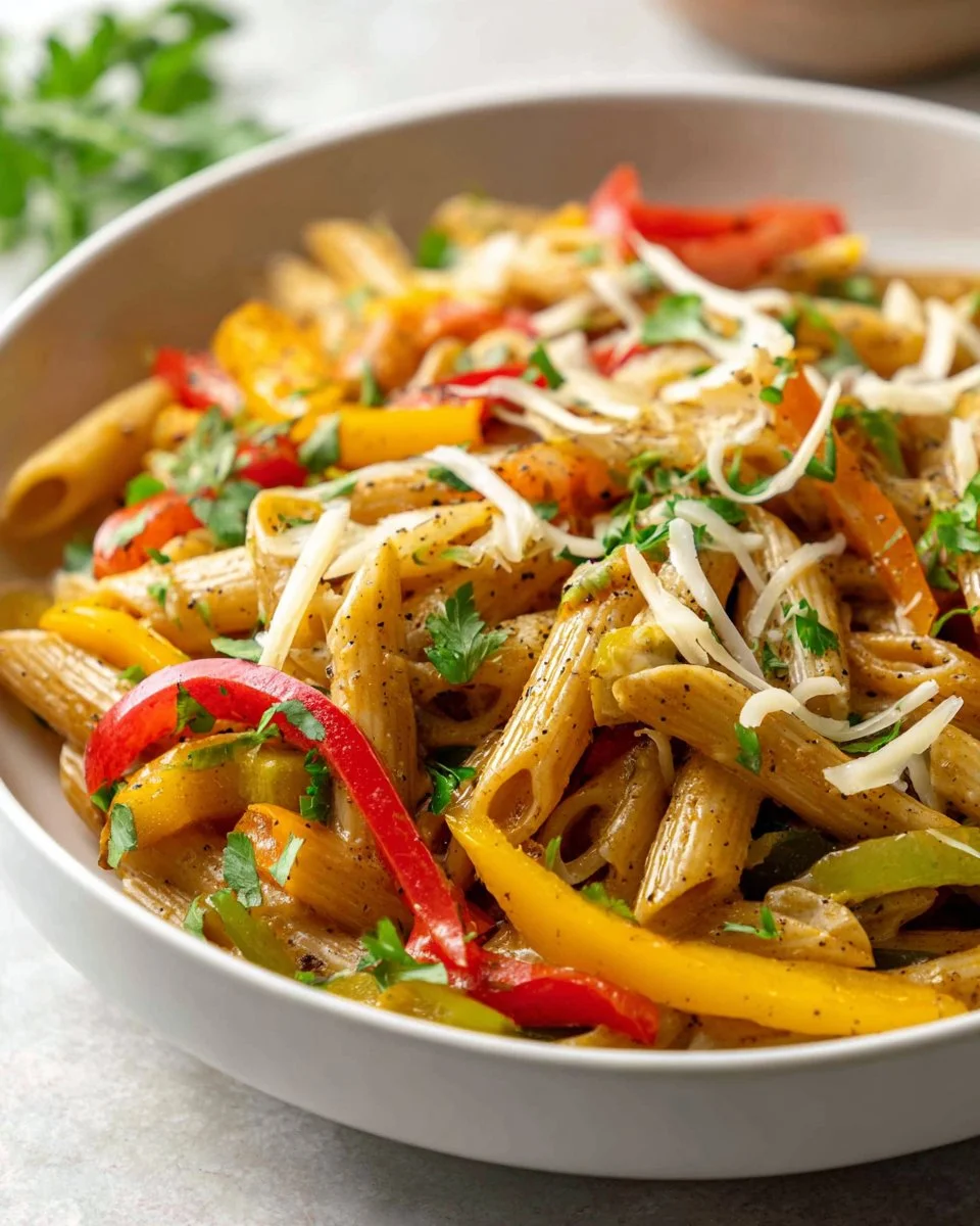 Plate of Rasta Pasta featuring colorful vegetables and spices