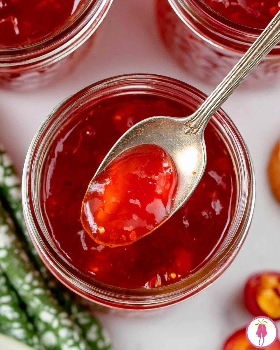 Homemade red pepper jelly in a jar with fresh peppers and herbs