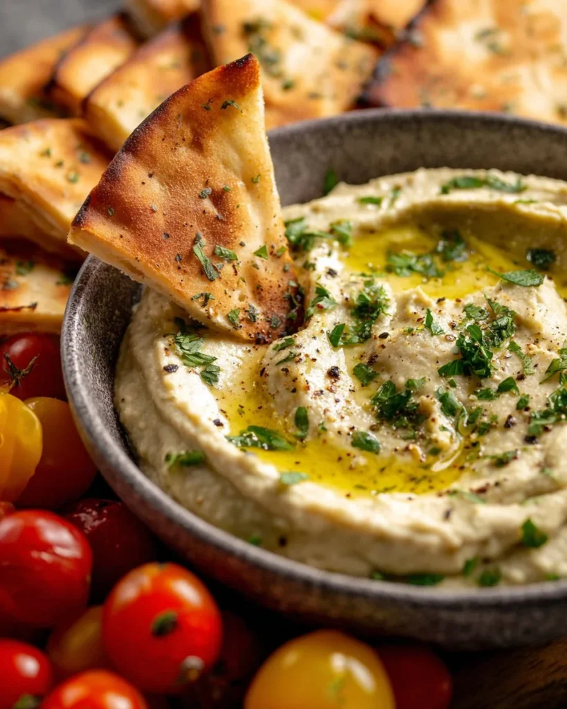 Delicious roasted garlic white bean dip served in a bowl with a garnish.