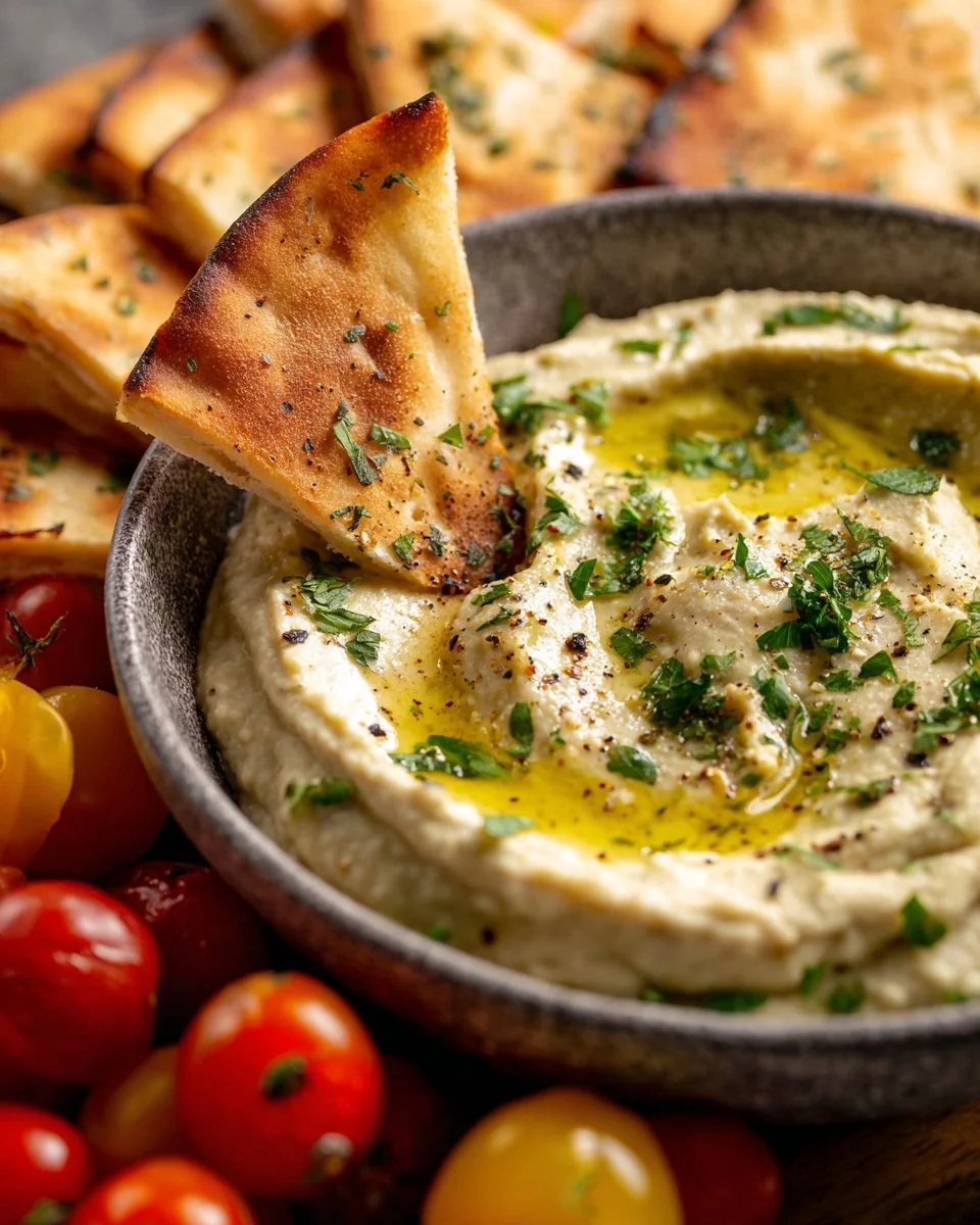 Delicious roasted garlic white bean dip served in a bowl with a garnish.