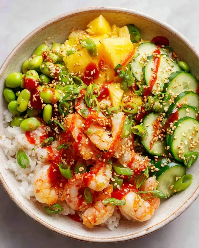 Delicious shrimp poke bowl with vibrant toppings and fresh ingredients