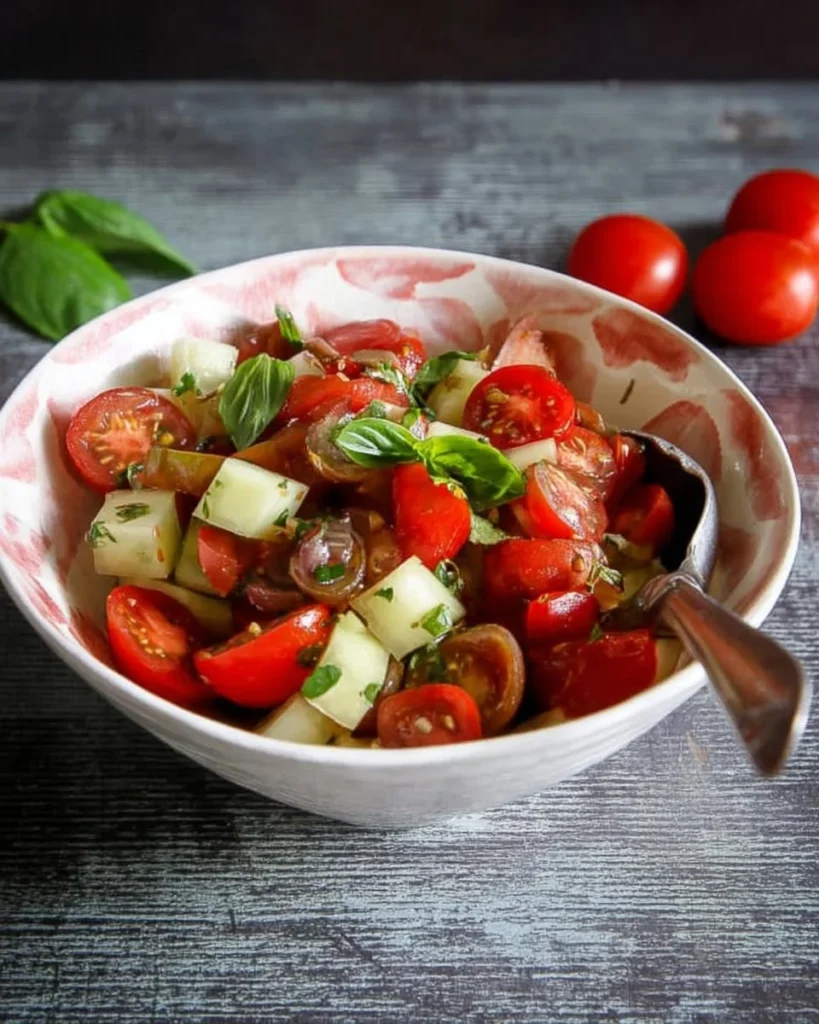 Simple tomato salad with fresh ingredients and vibrant colors.