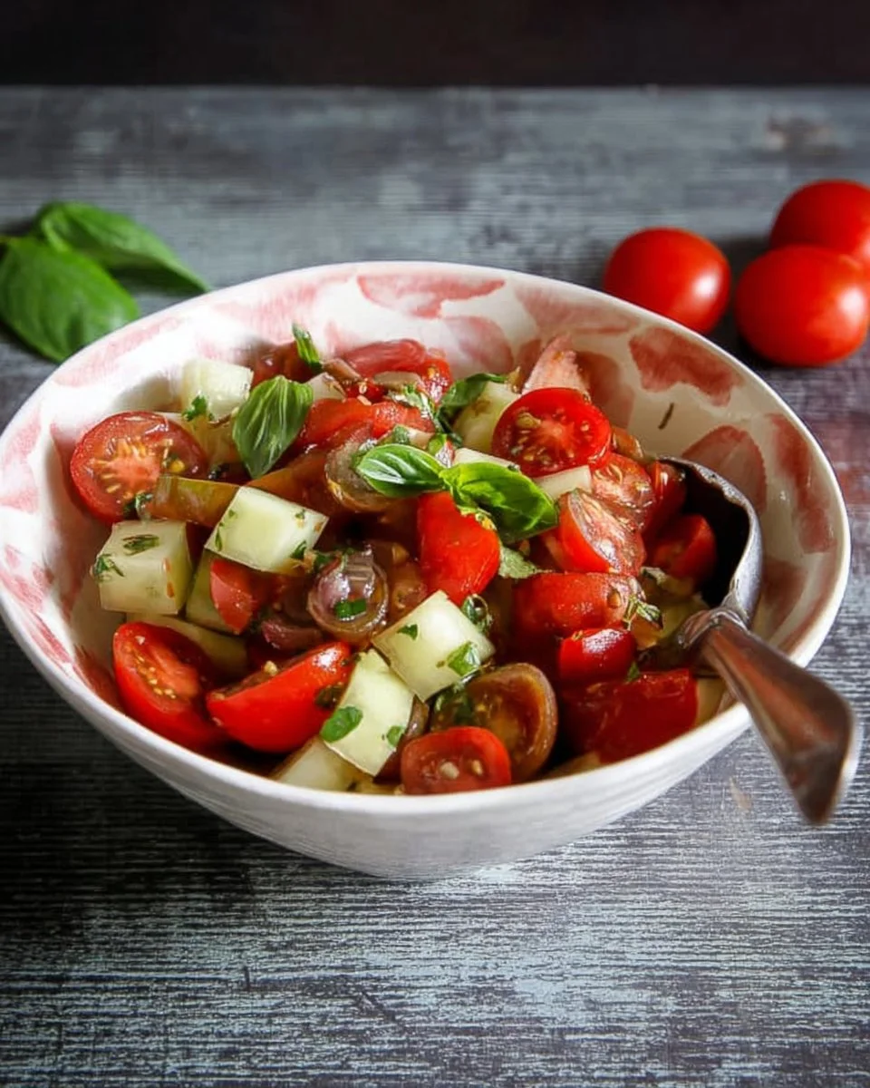 Simple tomato salad with fresh ingredients and vibrant colors.