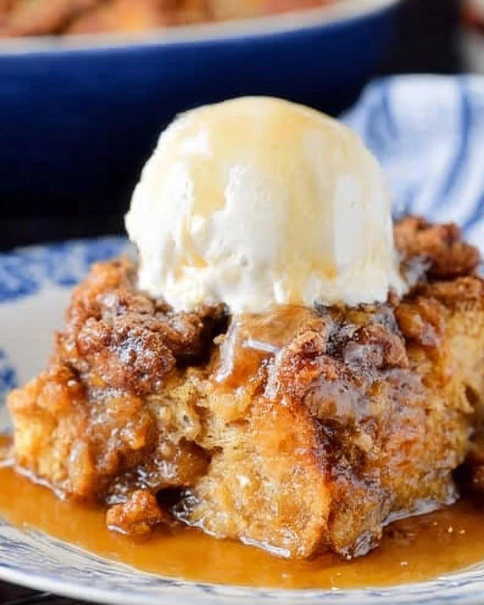 Delicious homemade sourdough bread pudding served in a dish