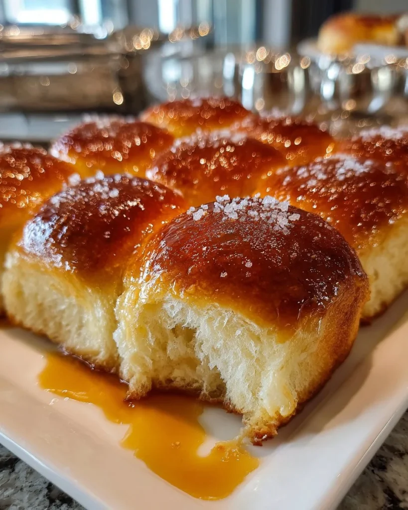 Freshly baked sourdough Hawaiian rolls on a wooden table.