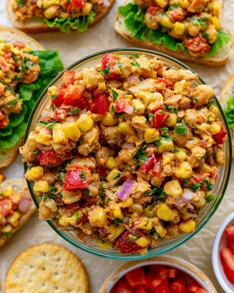 Bowl of Southwest smashed chickpea salad with colorful vegetables and spices