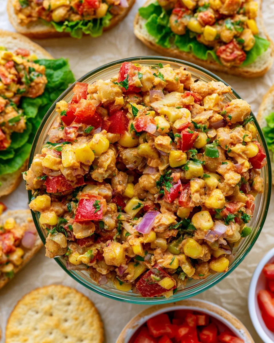 Bowl of Southwest smashed chickpea salad with colorful vegetables and spices
