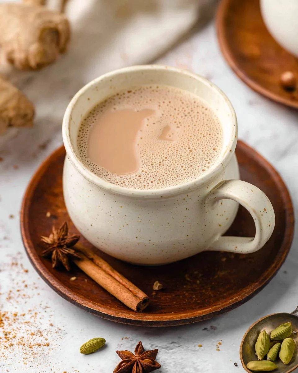 A steaming cup of spiced chai with aromatic spices and tea leaves.