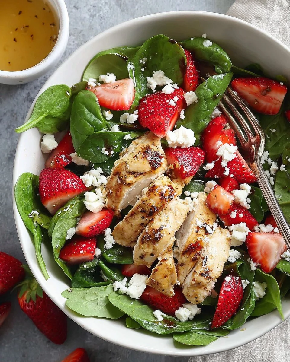 Delicious strawberry chicken salad with grilled chicken and fresh strawberries