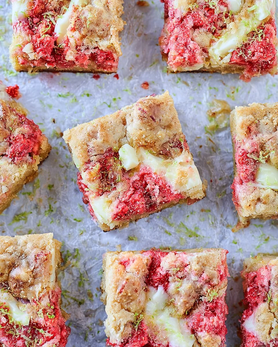 Strawberry and lime white chocolate blondies on a plate