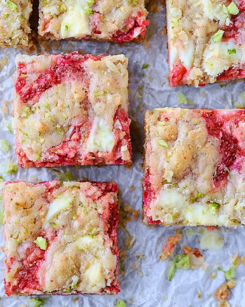 Strawberry and lime white chocolate blondies on a wooden table